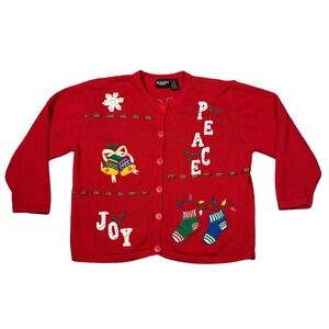 One Resource Woman Red Christmas Holiday Cardigan Sweater Sz 1X Peace Joy Ugly